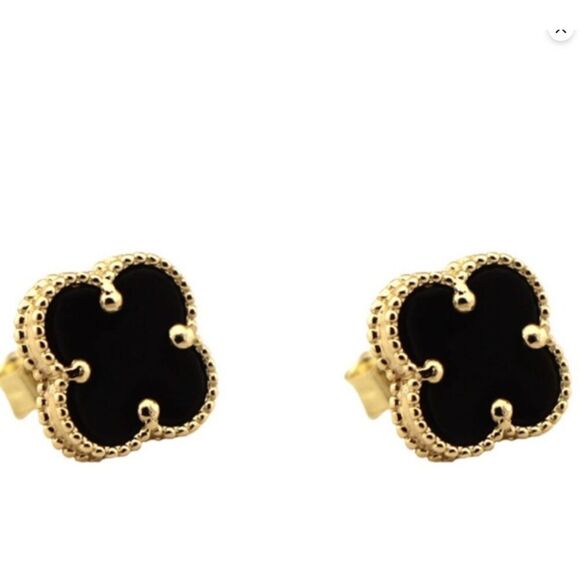 Black Onyx Quatrefoil Clover Motif Gold Earrings  VCB,4 - Picture 1 of 5